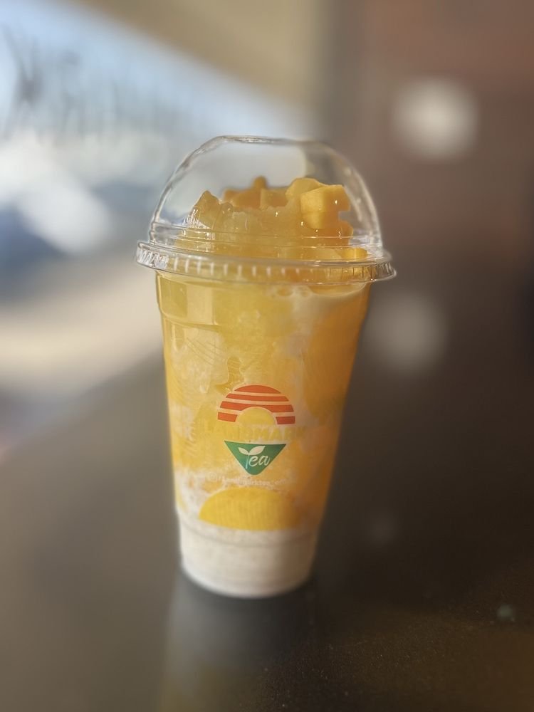 Close-up of the Mango Sticky Rice Slushy showing the golden mango layer over sticky rice