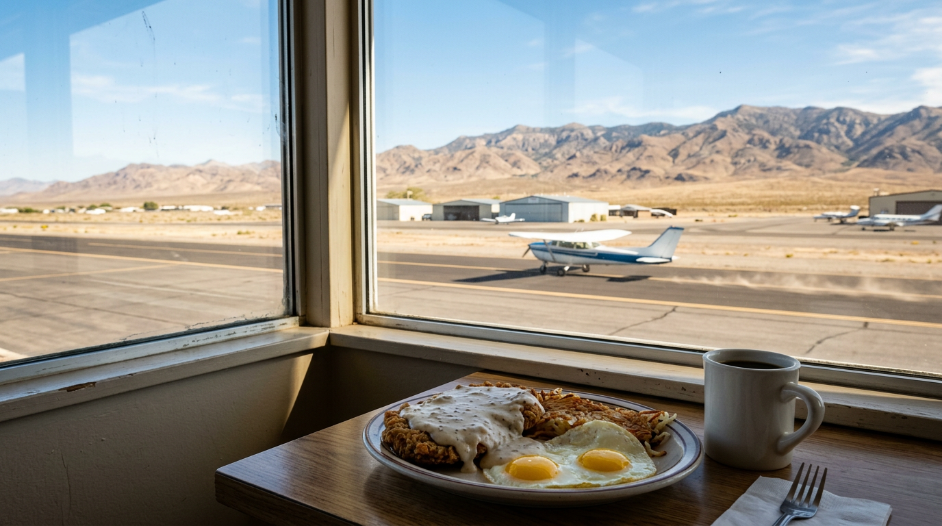 Chicken fried steak and eggs with coffee by a window overlooking the runway and desert mountains