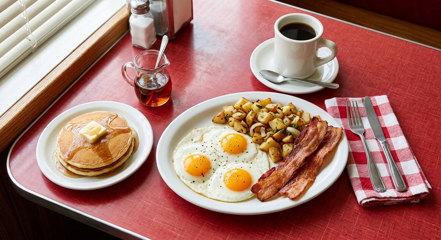 Pioneer Breakfast: eggs, potatoes, meat and pancakes