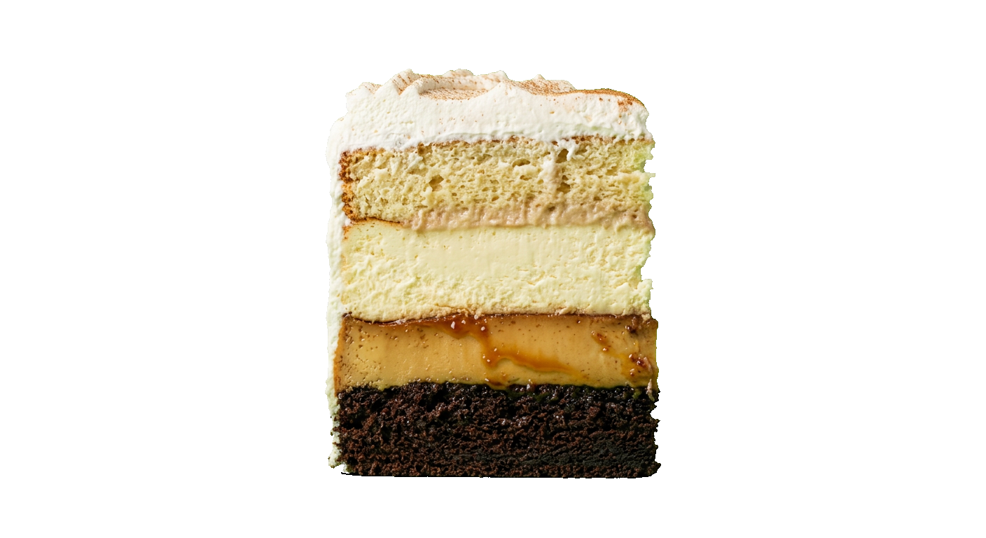 A 4-in-1 slice: chocolate cake, flan, cheesecake and tres leches, stacked