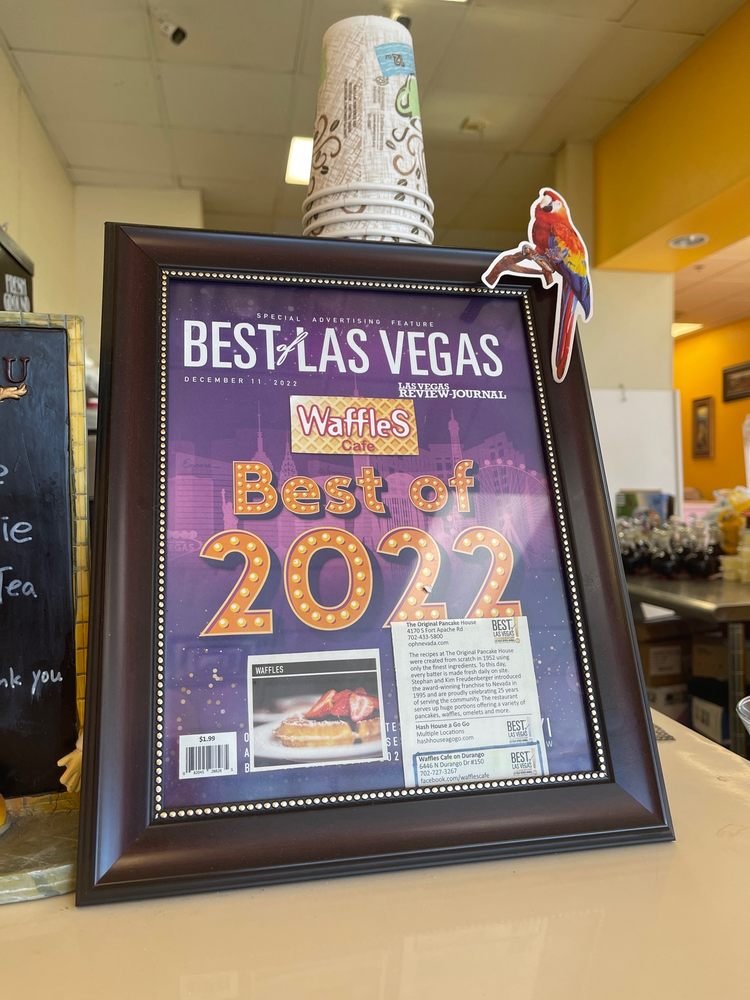 A framed Best of Las Vegas 2022 plaque standing on our front counter