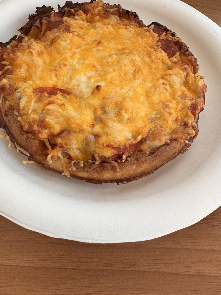 Cheese waffle pizza with a golden melted three-cheese blend